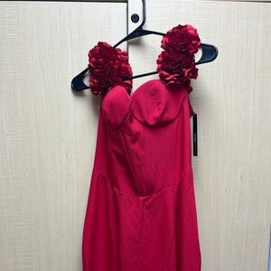 Fashion Nova Strapless Red Dress with Floral Accents